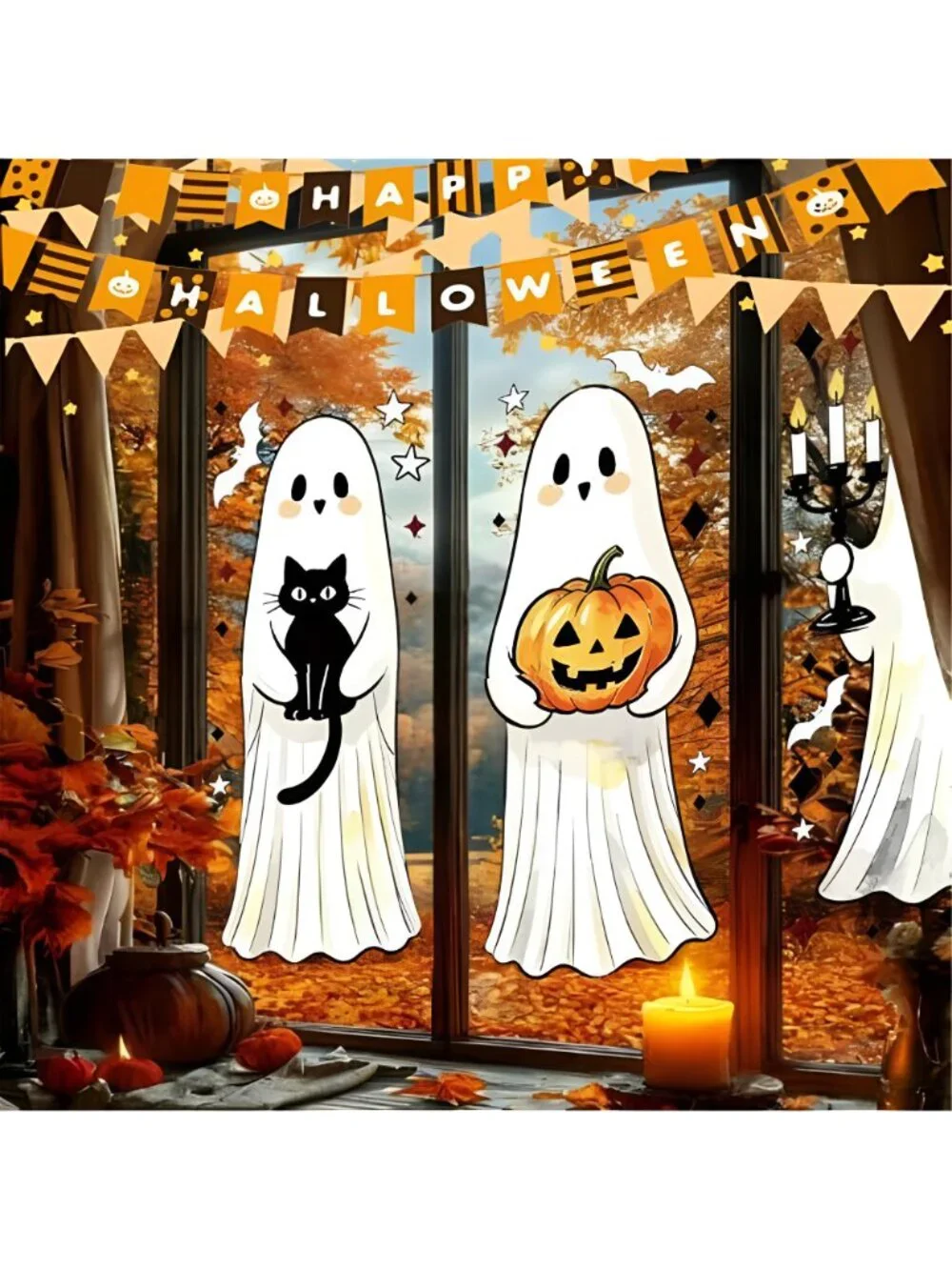 Halloween Window Clings, Large Ghost Window Clings, 3 Sheets Bats Black Cat